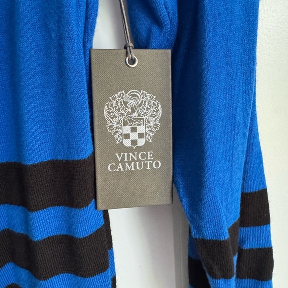 NWT Vince Camuto Asymmetrical V-Neck Sweater Azure Blue Black Stripe Hem Size L - Picture 8 of 9
